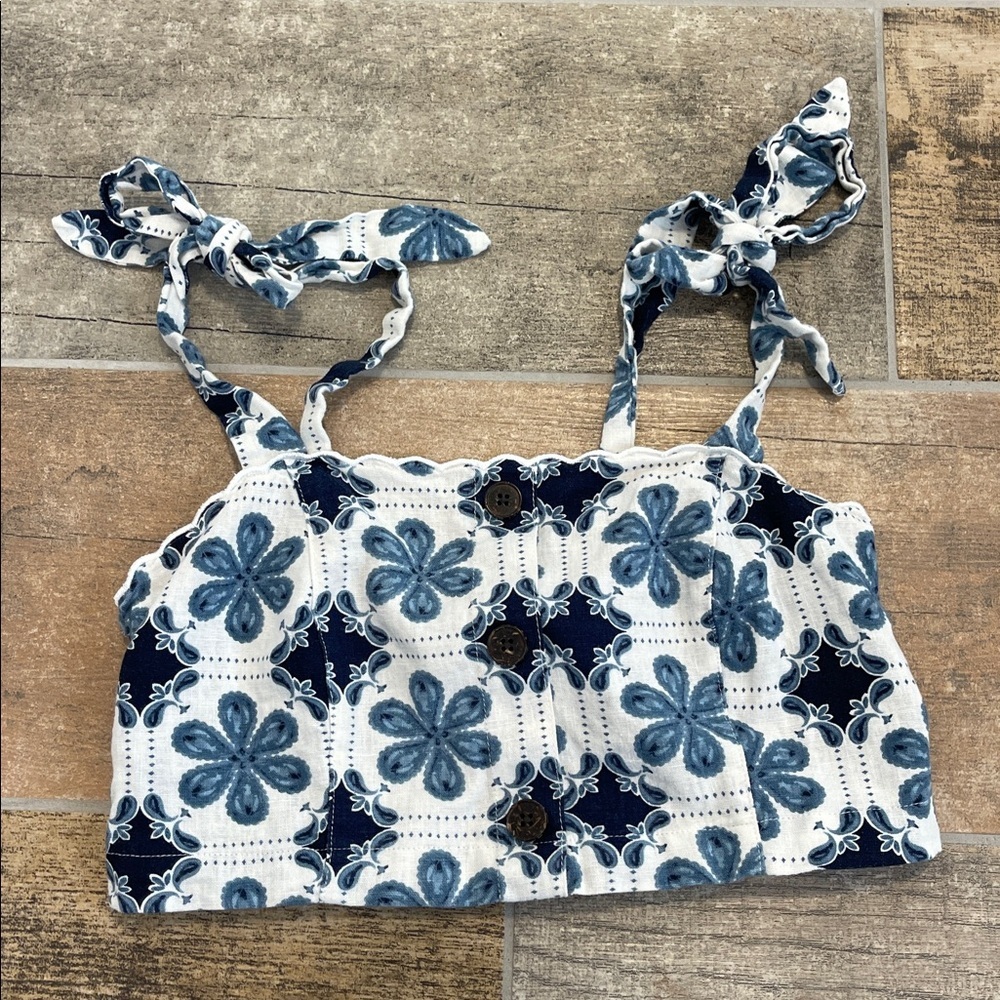 Agua Bendita Blue and White Linen Blend Tie Strap Crop Top Size Small S